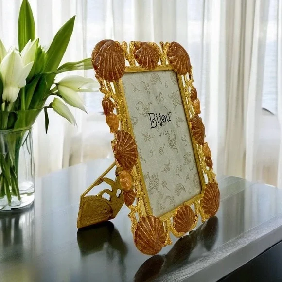 Bijou Enameled Seashell And Coral Picture Frame, 4 X 6 Elegant Beach Photo Frame - Picture 2 of 9